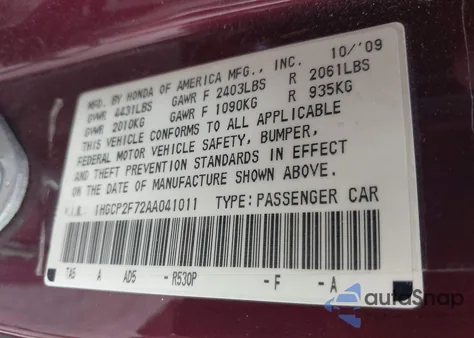 2010 Honda Accord 2.4 Ex z USA, uszkodzony, nr VIN 1HGCP2F72AA041011